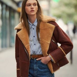 Sandro Paris Zinal Shearling Biker Jacket Brown 3/L NWOT